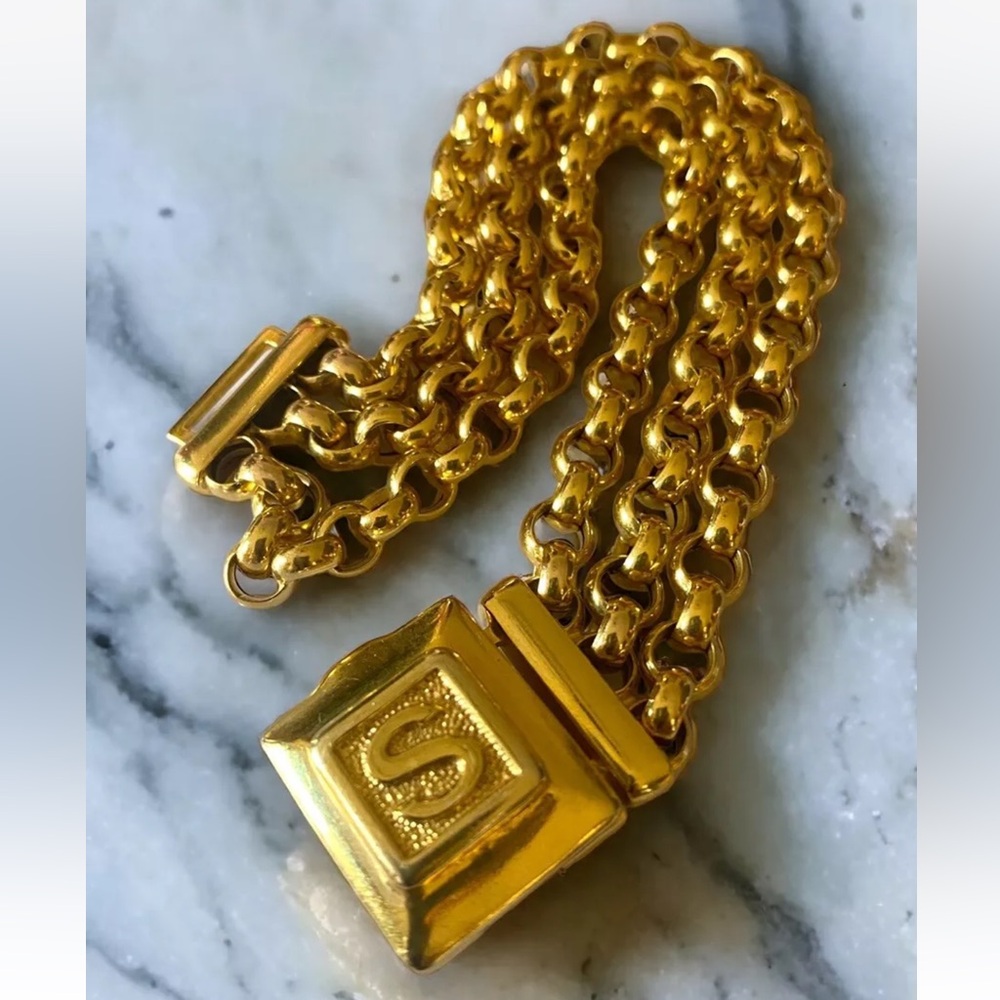 Spectacular CUSTOM Vintage 14K SOLID Gold LOCKET Initial S Triple Rolo Bracelet - Picture 6 of 16